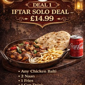 DEAL 1 – (Any Chicken Balti + 2 Naan + Fries + 1 Can)