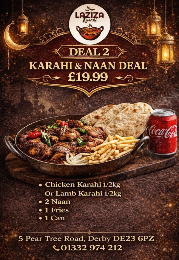 DEAL 2 – ½kg Chicken OR Lamb Karahi+2 Naan+1 Fries+1 Can