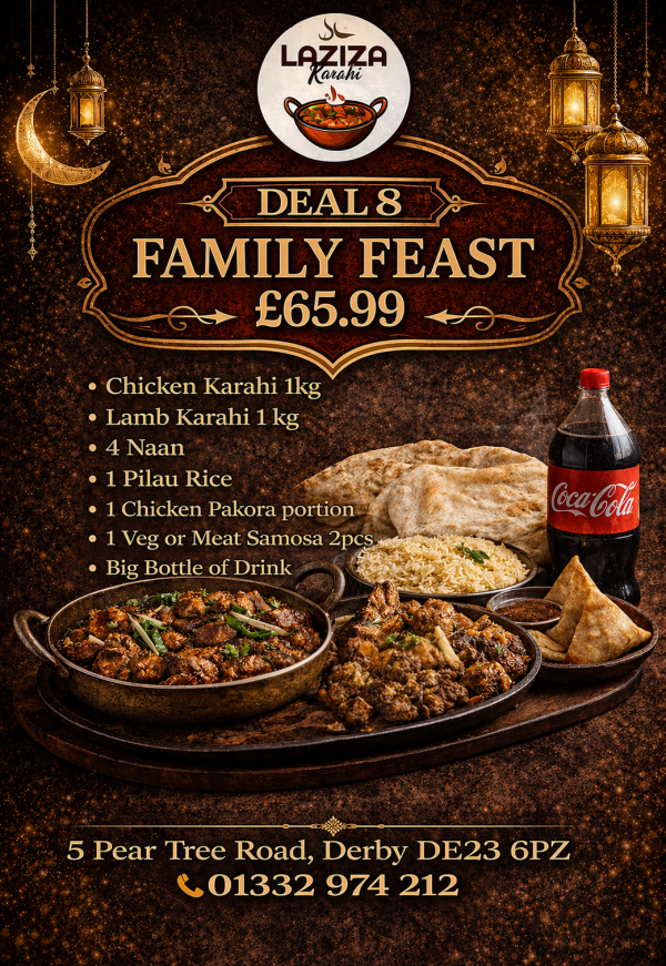 DEAL 8 – Chicken Karahi 1kg + Lamb Karahi 1kg +4 Naan +1 Pilau Rice + Chicken Pakora + Veg or Meat Samosa (2pcs)+Big Bottle of Drink