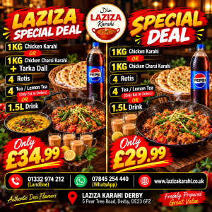 Laziza Special Deal – (1 Kg Chicken Karahi or Chicke Charsi Karahi + Tarka dall + 4 Roti + 1.5 L Drink)